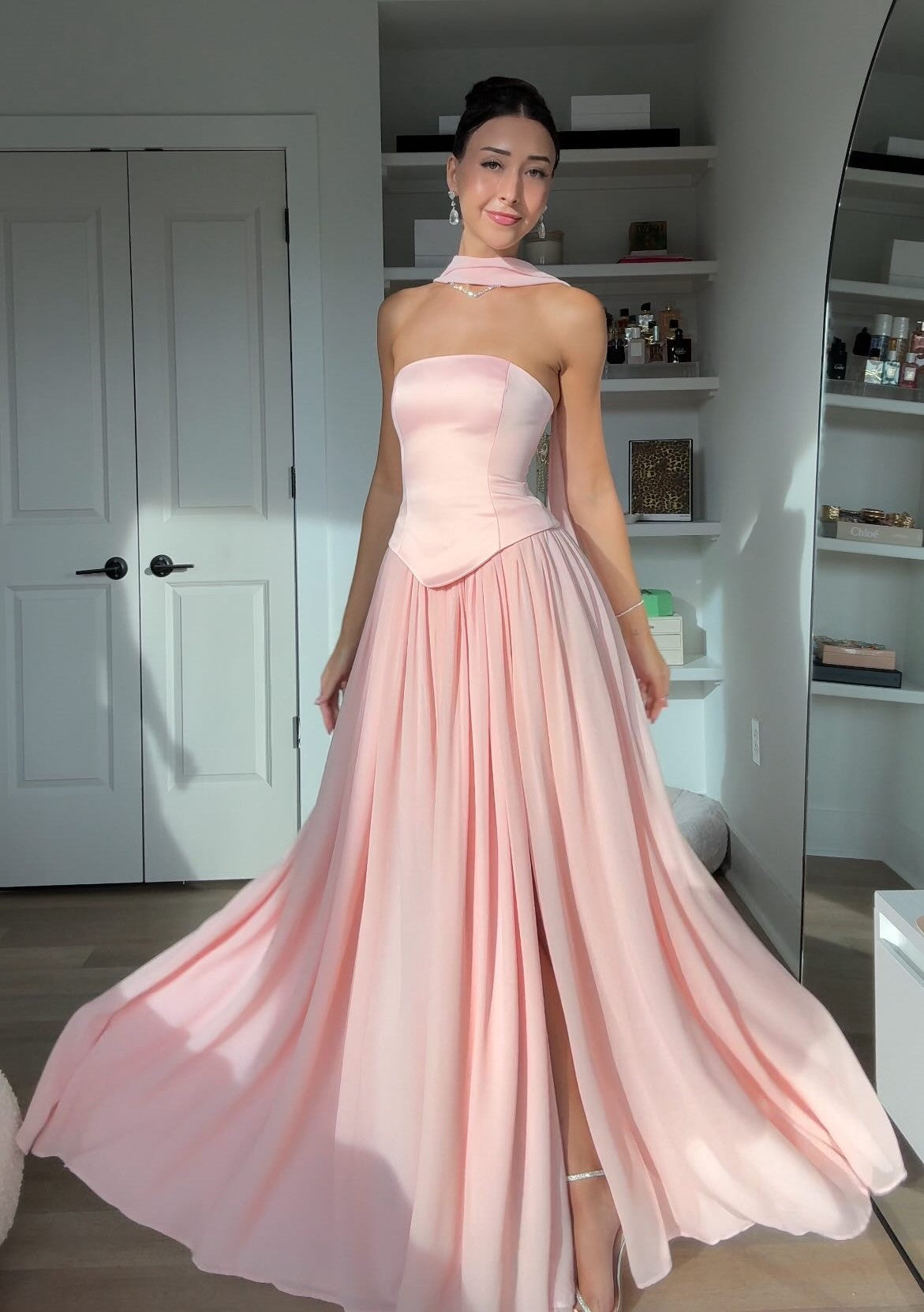 Sexy Tube Top Stitching Solid Color Graceful Pleated Skirt