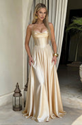 Champagne Satin Spaghetti Strap Corset Maxi Gown