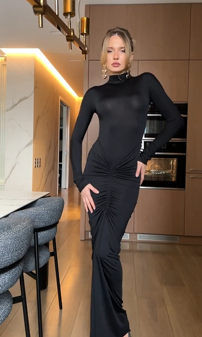 Black Turtleneck Long Sleeve Front Ruched Bodycon Slimming Maxi Dress