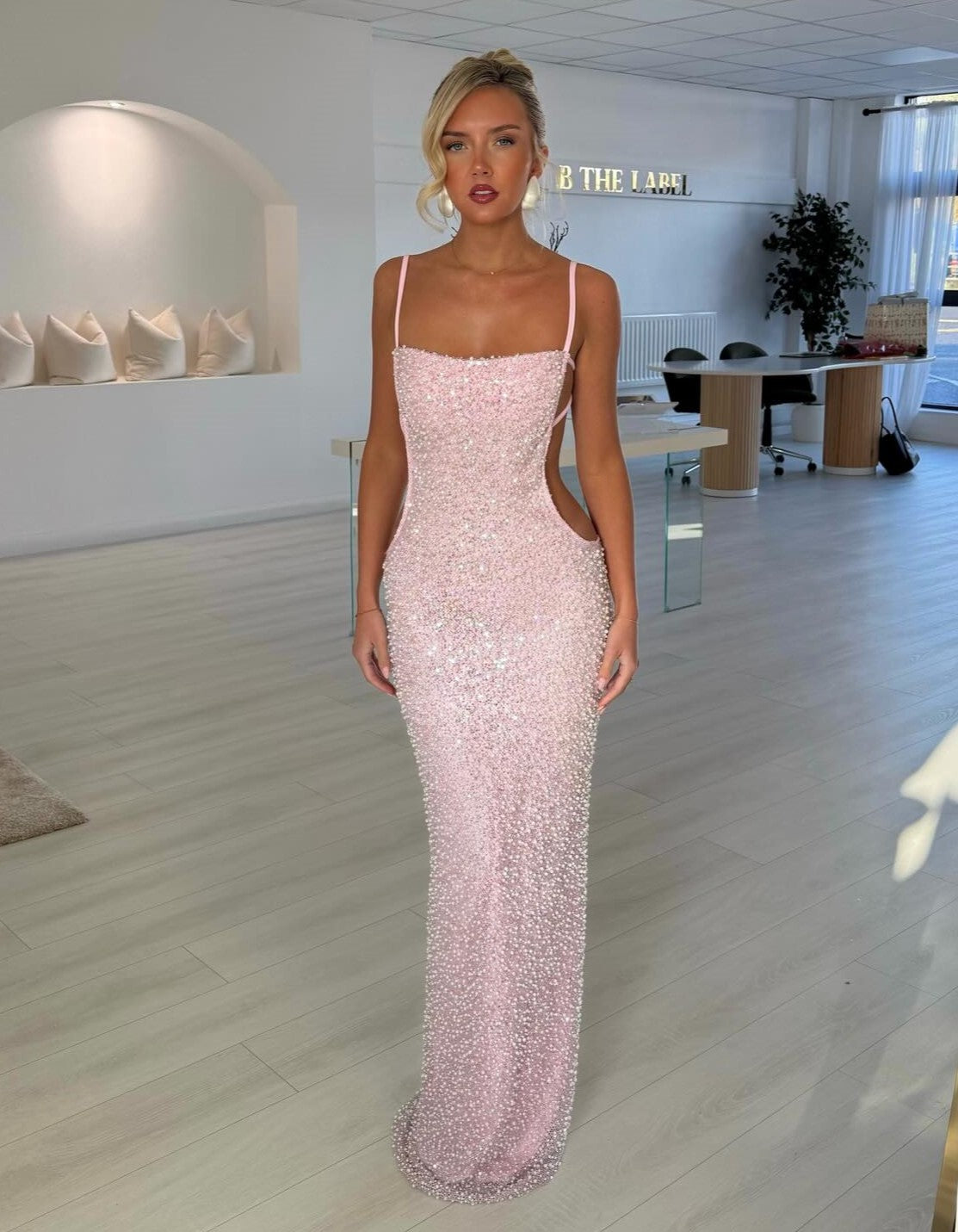 Blush Pink Beaded Cutout Maxi Gown