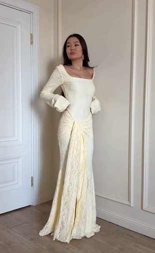 Cream Apricot Square Neck Long Sleeve Lace Twist Knot Waist Mermaid Wedding Gown Maxi Dress