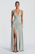 Sage Halter Ruched Waist Maxi Dress
