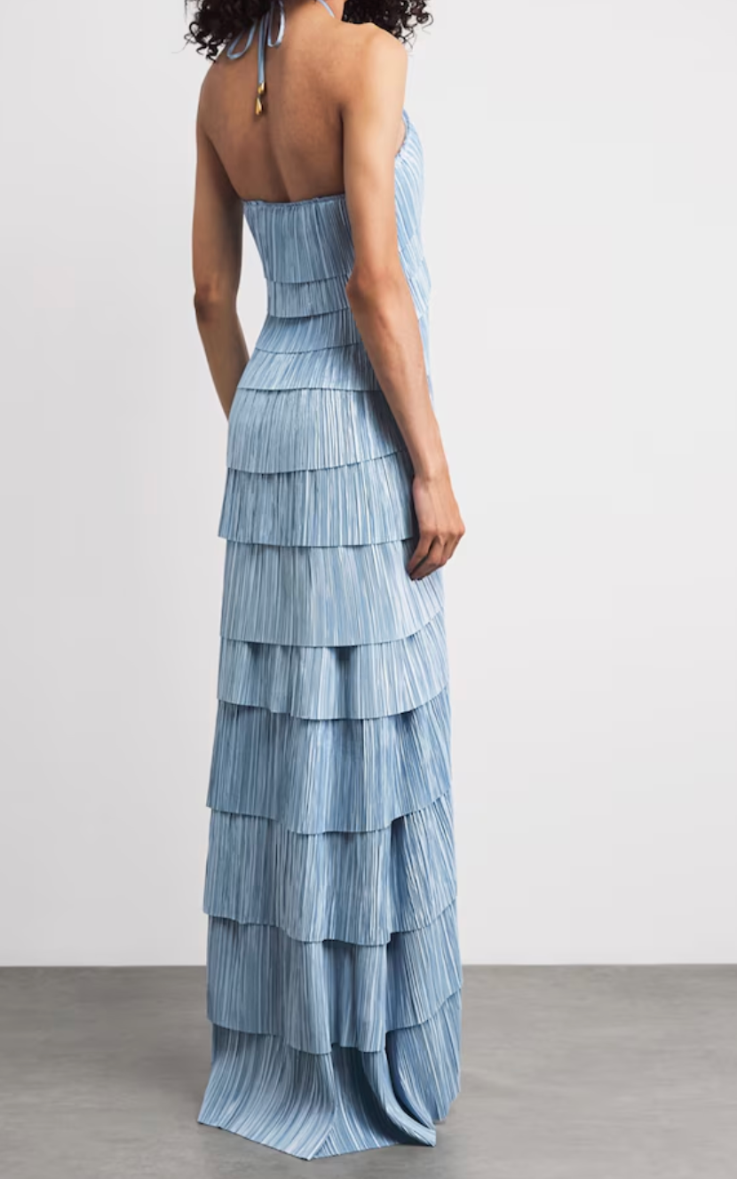 Pleated Tiered Halter Maxi Dress