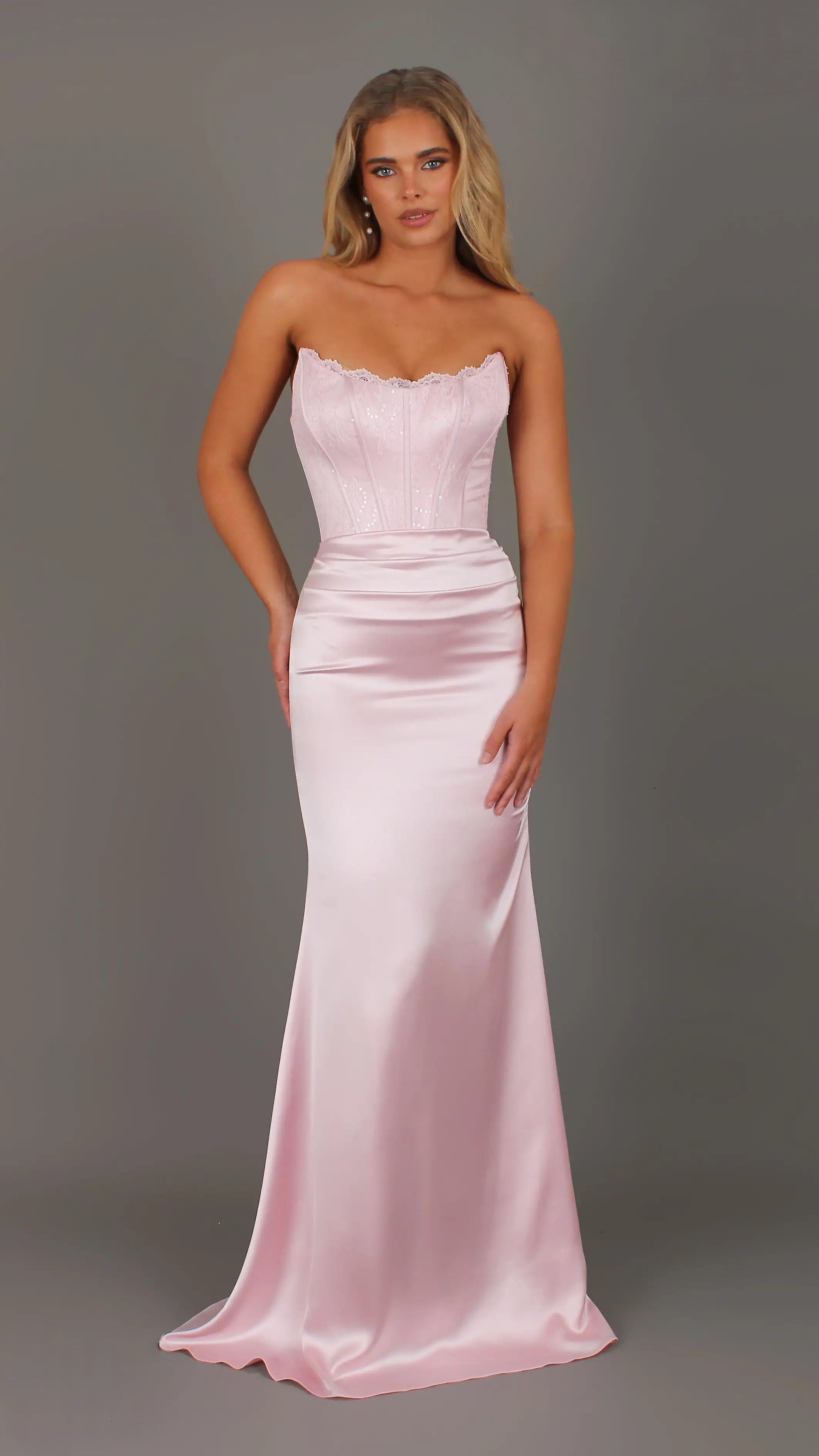 Bella - Pink Formal Dress, Strapless lace Corset, fitted pleated satin skirt