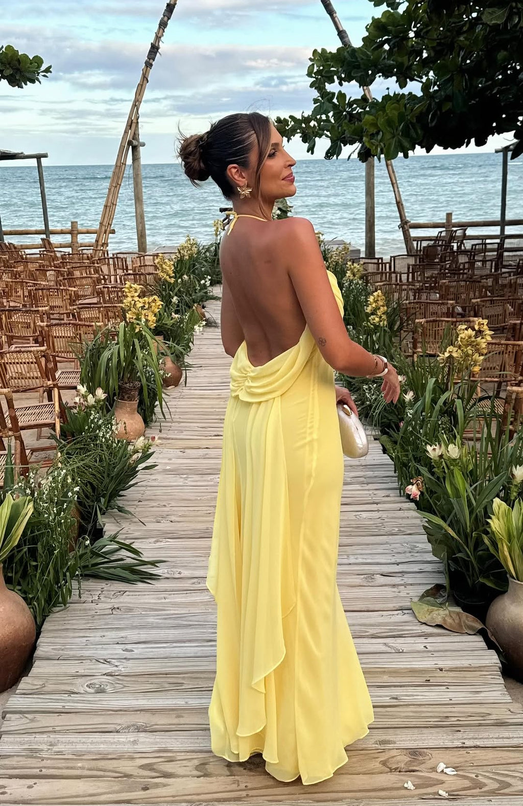 Lemon Chiffon Cowl Neck Maxi Dress