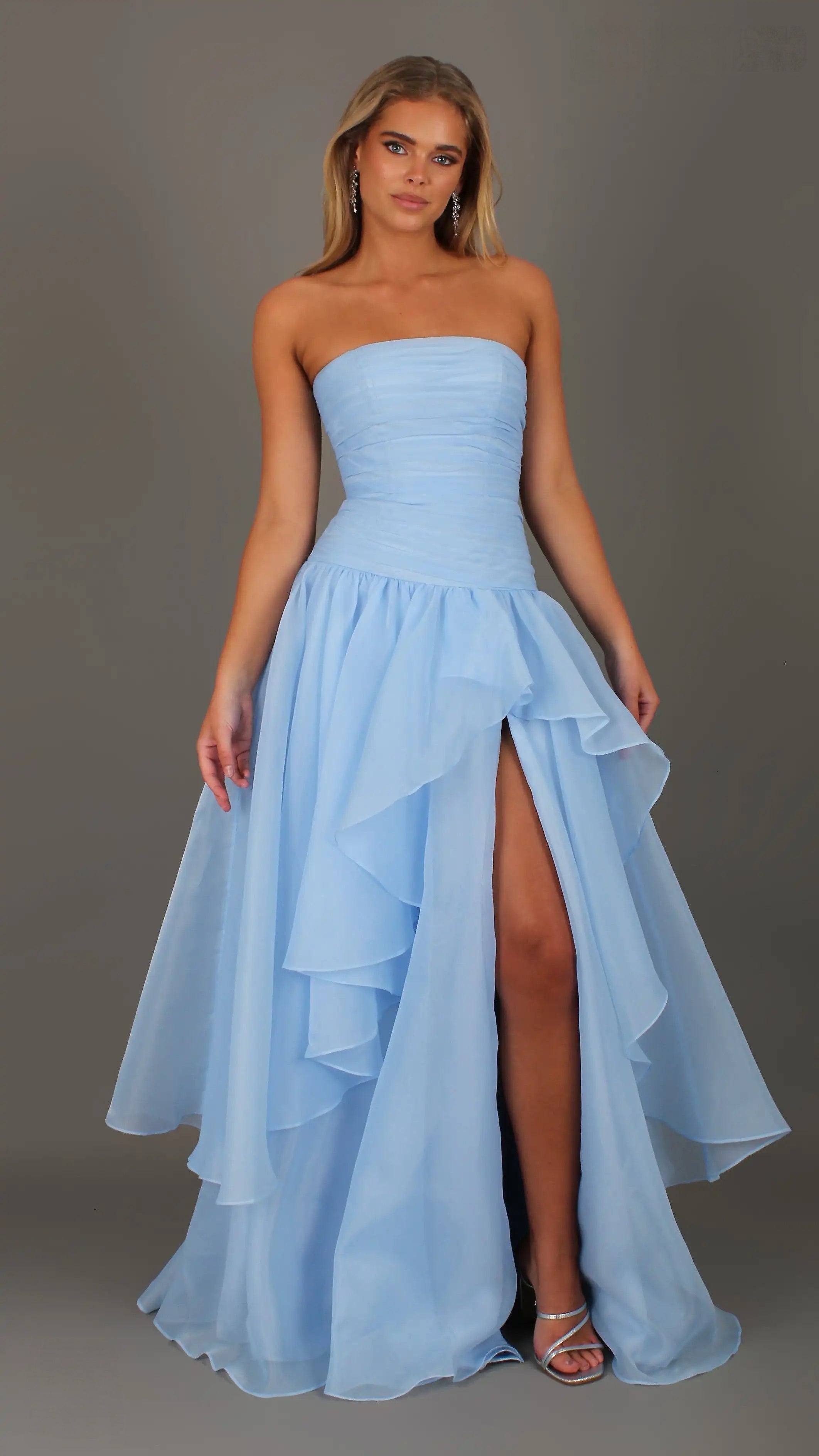 Daisy - Blue Formal Dress, Strapless Corset Drop-waist, organza layered handkerchief skirt, leg slit