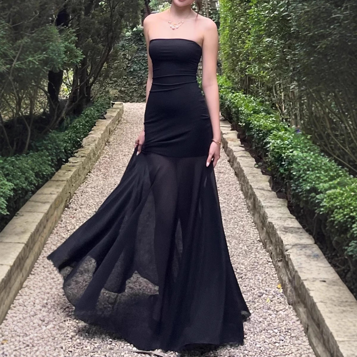 Sexy Tube Top Solid Color Chiffon Sleeveless Stitching Dress