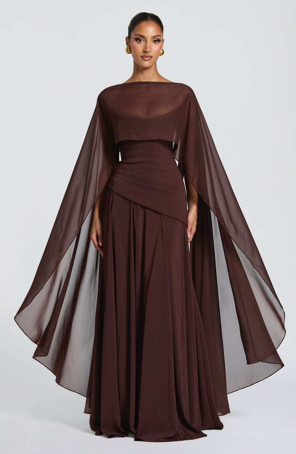 High-End Dark Coffee Cape-Style Backless Lace-Up Waist-Cinched Flowy Gown