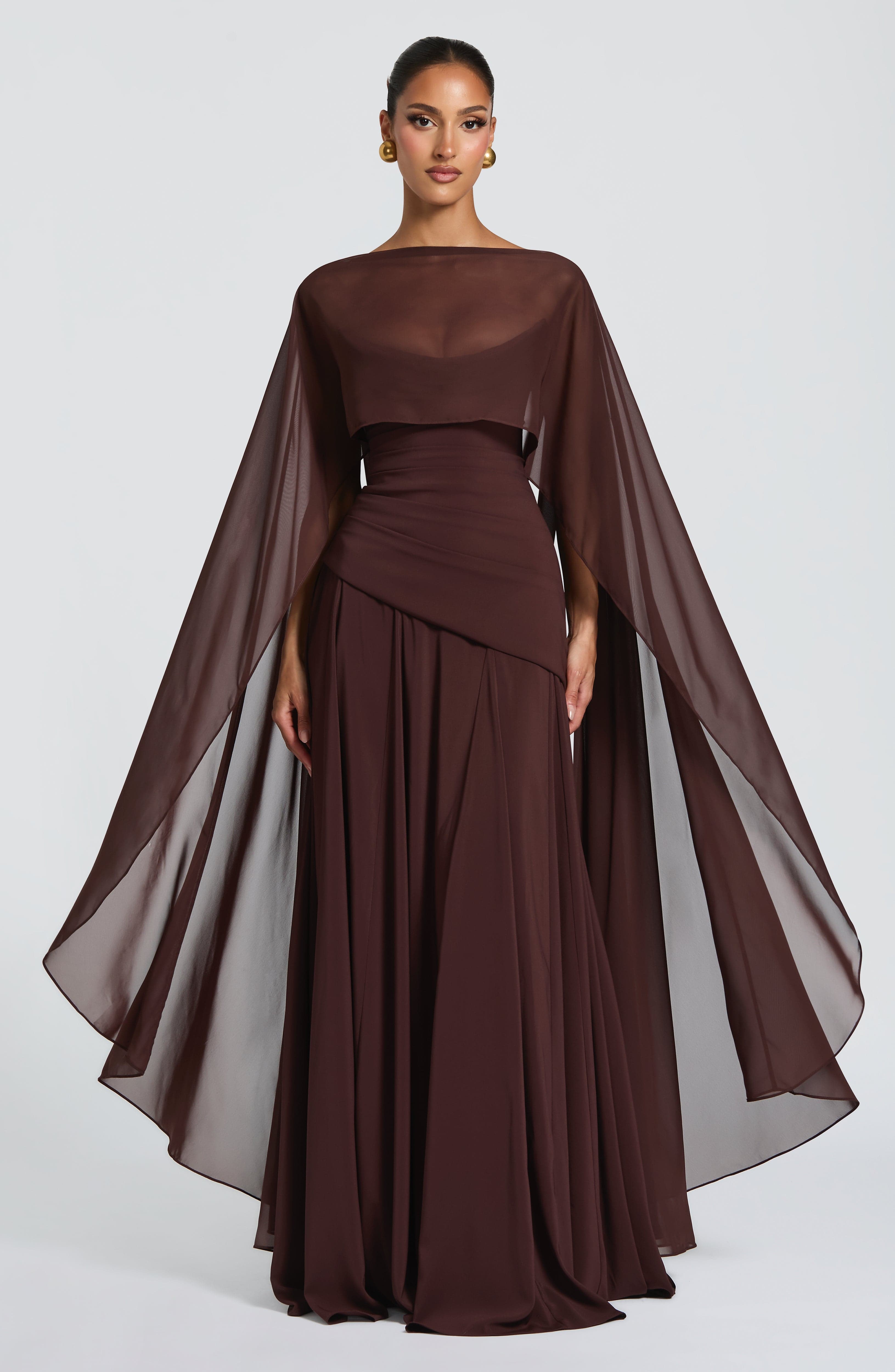 High-End Dark Coffee Cape-Style Backless Lace-Up Waist-Cinched Flowy Gown