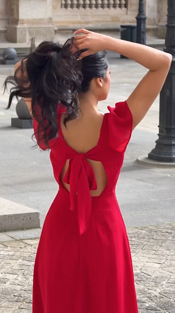 Scarlet Red Sweetheart Neck Ruffle Sleeve Midi Dress