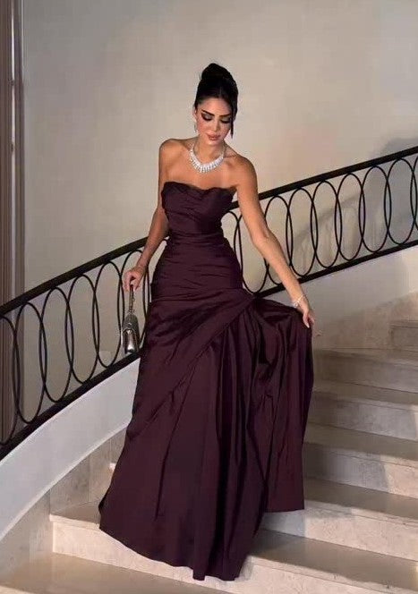 Sexy Cold-Shoulder Sleeveless Tube Top Solid Color Evening Dress