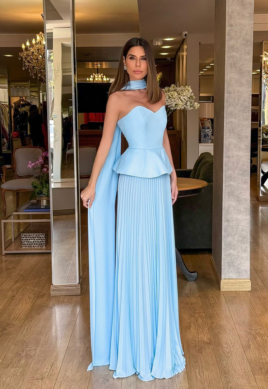 Sexy Sleeveless Tube Top Stitching Solid Color Pleated Skirt