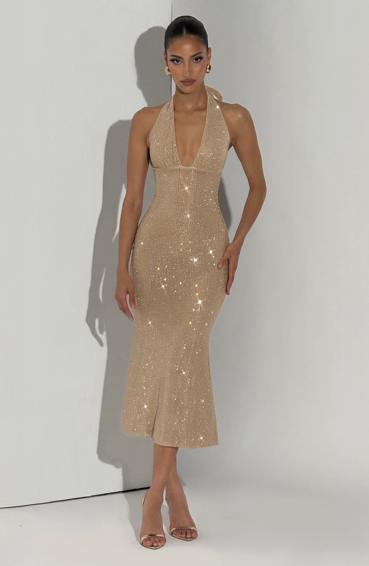 Sexy Halter Deep V-neck Slim-Fit Rhinestone Dress