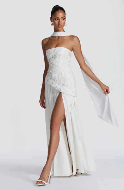 French Halter Neck Draped Strapless Slit Maxi Dress | Luxury Elegant 3D Flower Waist-Cinching Slimming Evening Gown