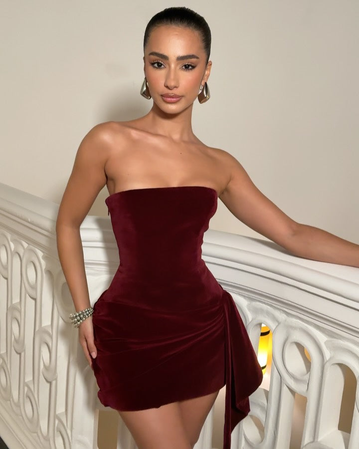 Sexy Tube Top Cinched Waist Solid Color Mini Skirt