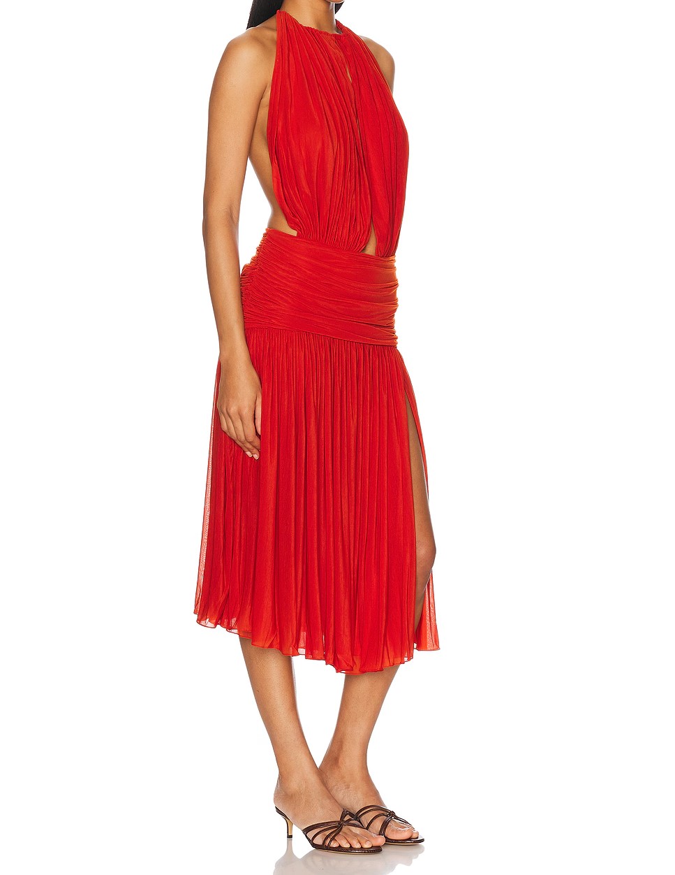 Bright Red Halter Backless Ruched Pleated Side Slit Midi Dress