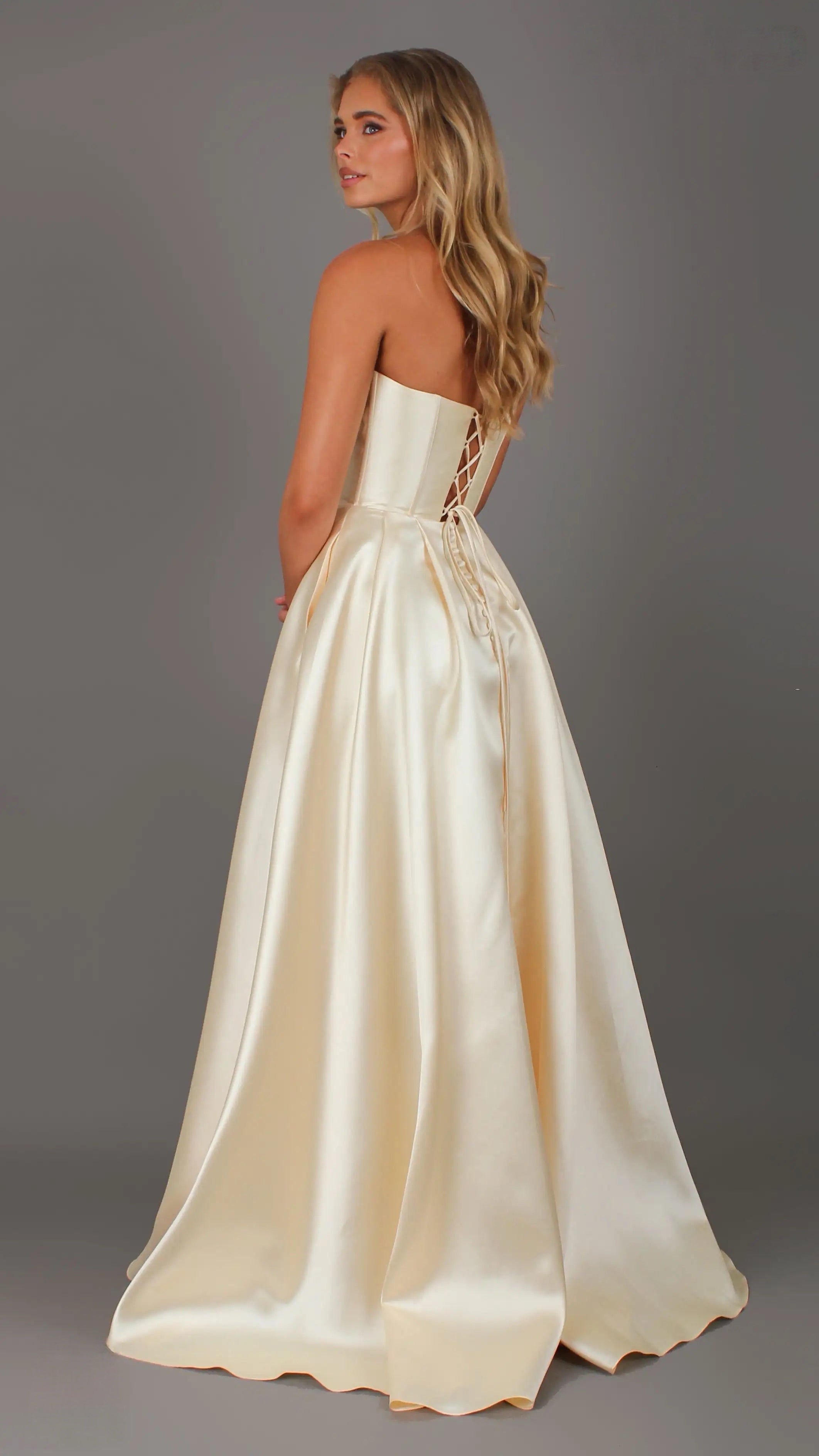 Madeleine - Butter Yellow formal Dress | Strapless twist corset Mikado satin ball gown