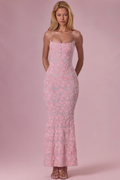 Women's Pink Floral Embroidered Mesh Mermaid Maxi Dress - Spaghetti Strap Backless Evening Gown