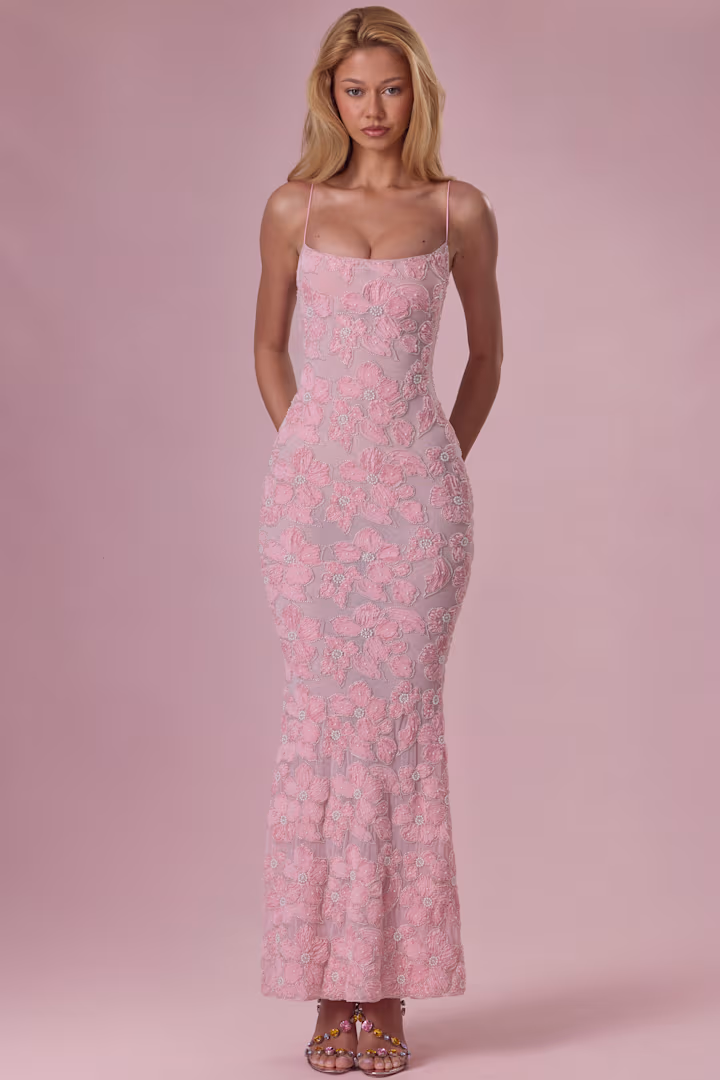 Women's Pink Floral Embroidered Mesh Mermaid Maxi Dress - Spaghetti Strap Backless Evening Gown
