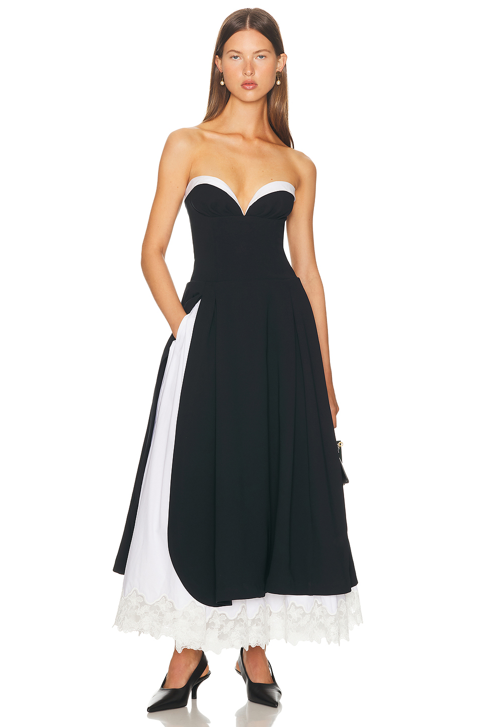 Black & White Contrast Strapless Midi Dress