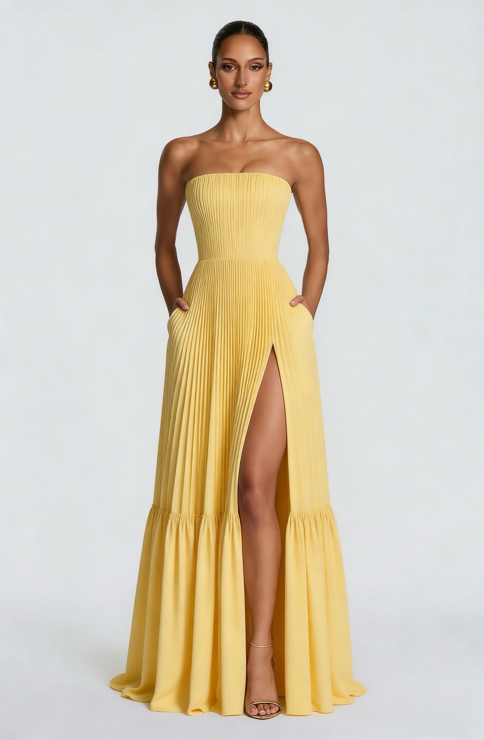 Butter Yellow Strapless Pleated High-Slit Maxi Gown with Pockets