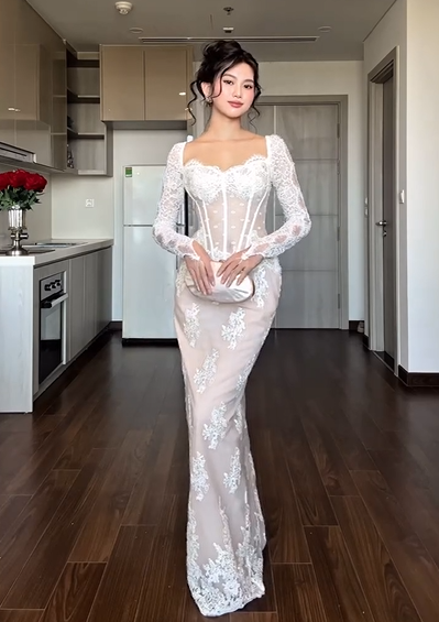 Sexy U Collar Long Sleeve Lace White Dress