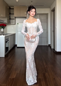 Sexy U Collar Long Sleeve Lace White Dress