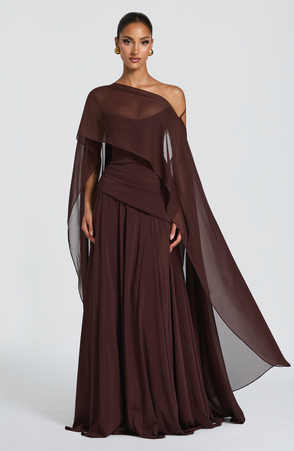 High-End Dark Coffee Cape-Style Backless Lace-Up Waist-Cinched Flowy Gown