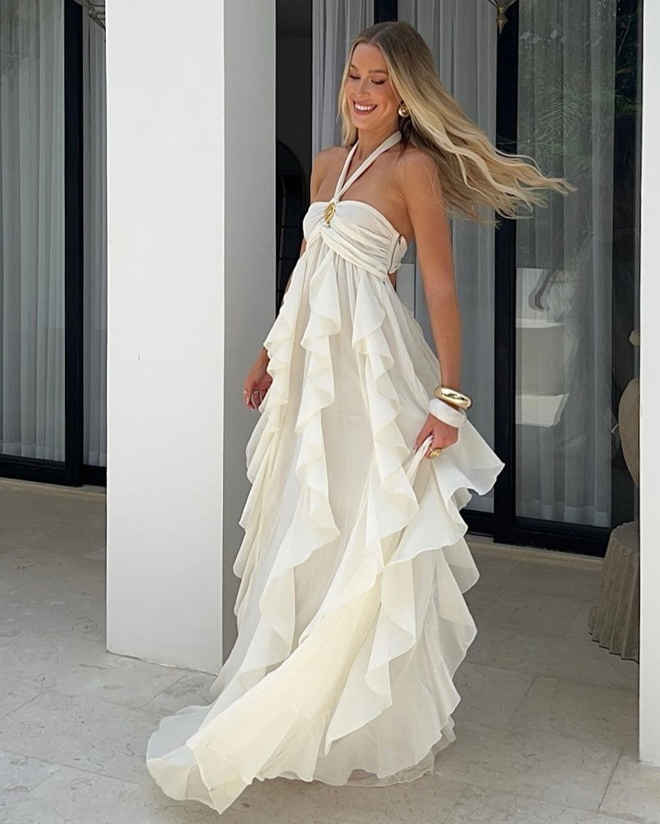 Cream White Halter Gold Rose Ruffled Backless Maxi Dress