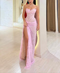 Blush Pink Lace Corset High-Slit Evening Gown