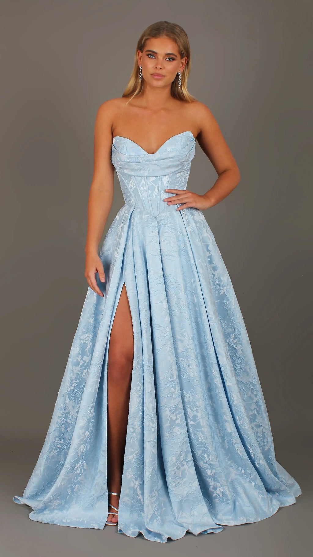 POSIE - Light Blue Formal Dress, Strapless Basque waist Corset, Bra Cups, Satin embossed floral Gown