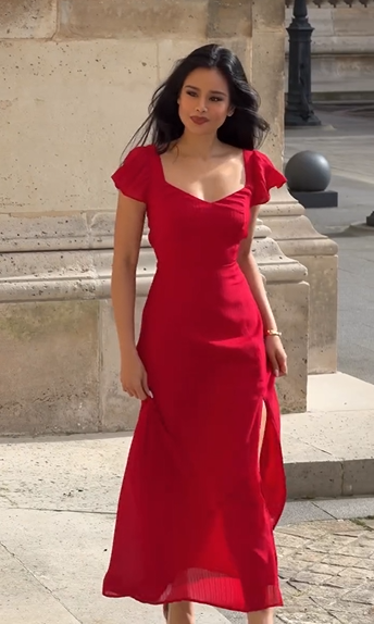 Scarlet Red Sweetheart Neck Ruffle Sleeve Midi Dress