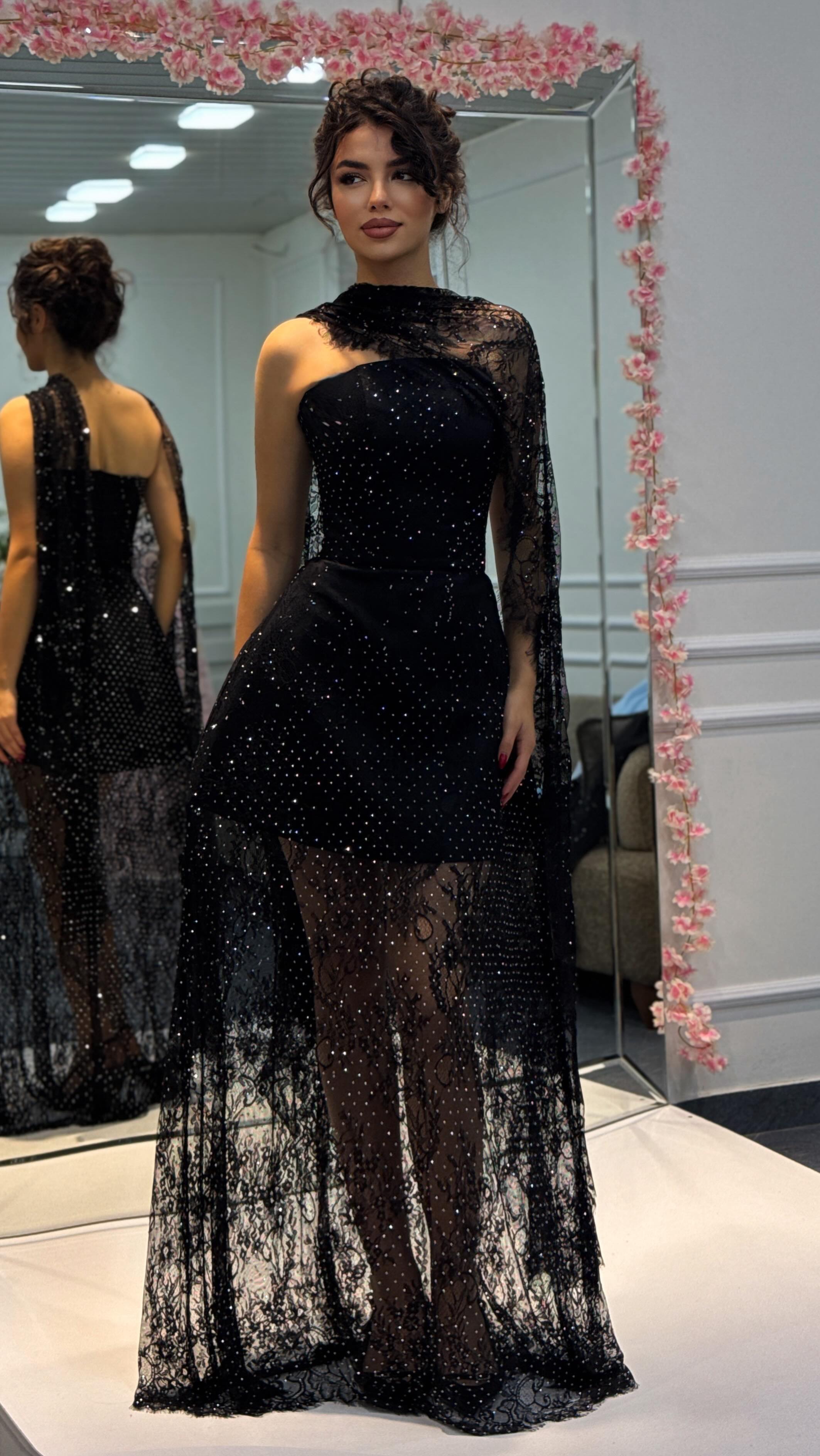 Sexy off-the-Shoulder Rhinestone Mesh Dress