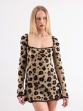 Sexy Long-Sleeved U-Collar Sequined Leopard Print Jumpsuit Skirt