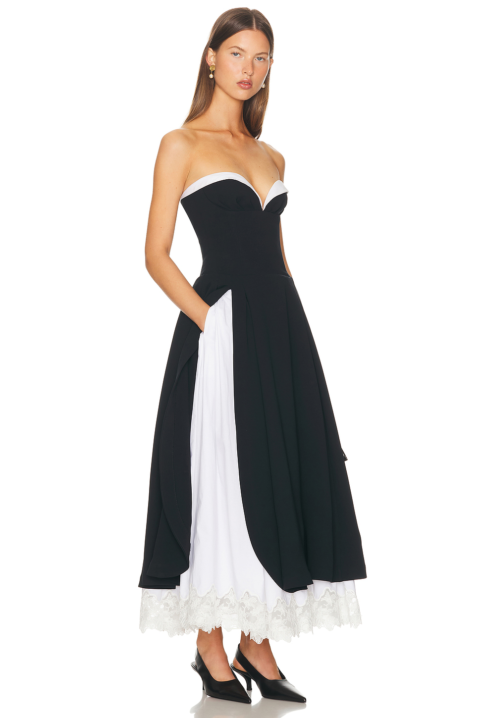 Black & White Contrast Strapless Midi Dress