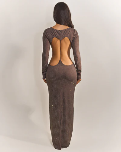 Sexy Shiny Stitching Midriff-Baring Long Sleeve Dress