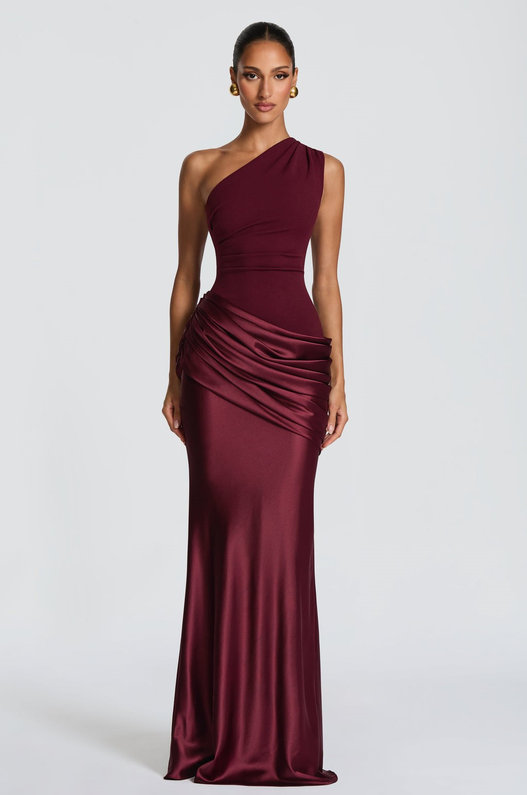 Black One-Shoulder Satin Draped Mermaid Gown