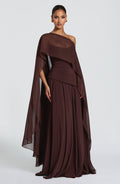 High-End Dark Coffee Cape-Style Backless Lace-Up Waist-Cinched Flowy Gown