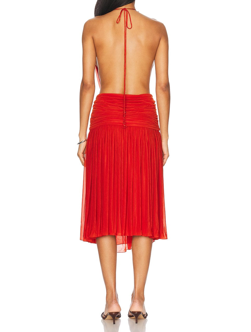 Bright Red Halter Backless Ruched Pleated Side Slit Midi Dress