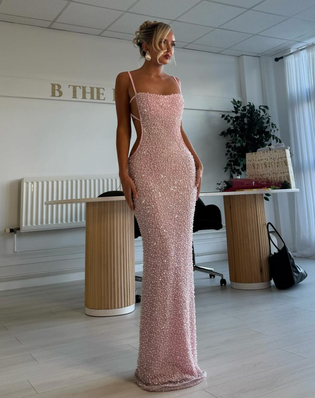 Blush Pink Beaded Cutout Maxi Gown