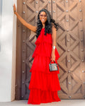 Scarlet Red Halter Tiered Ruffled Maxi Dress Slimming Draped Vacation Banquet Gown