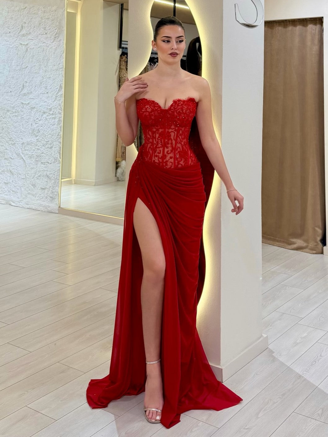 Red Lace Corset Strapless Slit Train Maxi Dress | Sexy Y2K Evening Gown