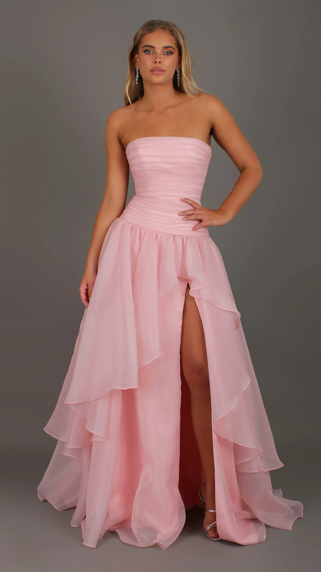 Daisy - Pink Formal Dress, Strapless Corset Drop-waist, organza layered handkerchief skirt, leg slit