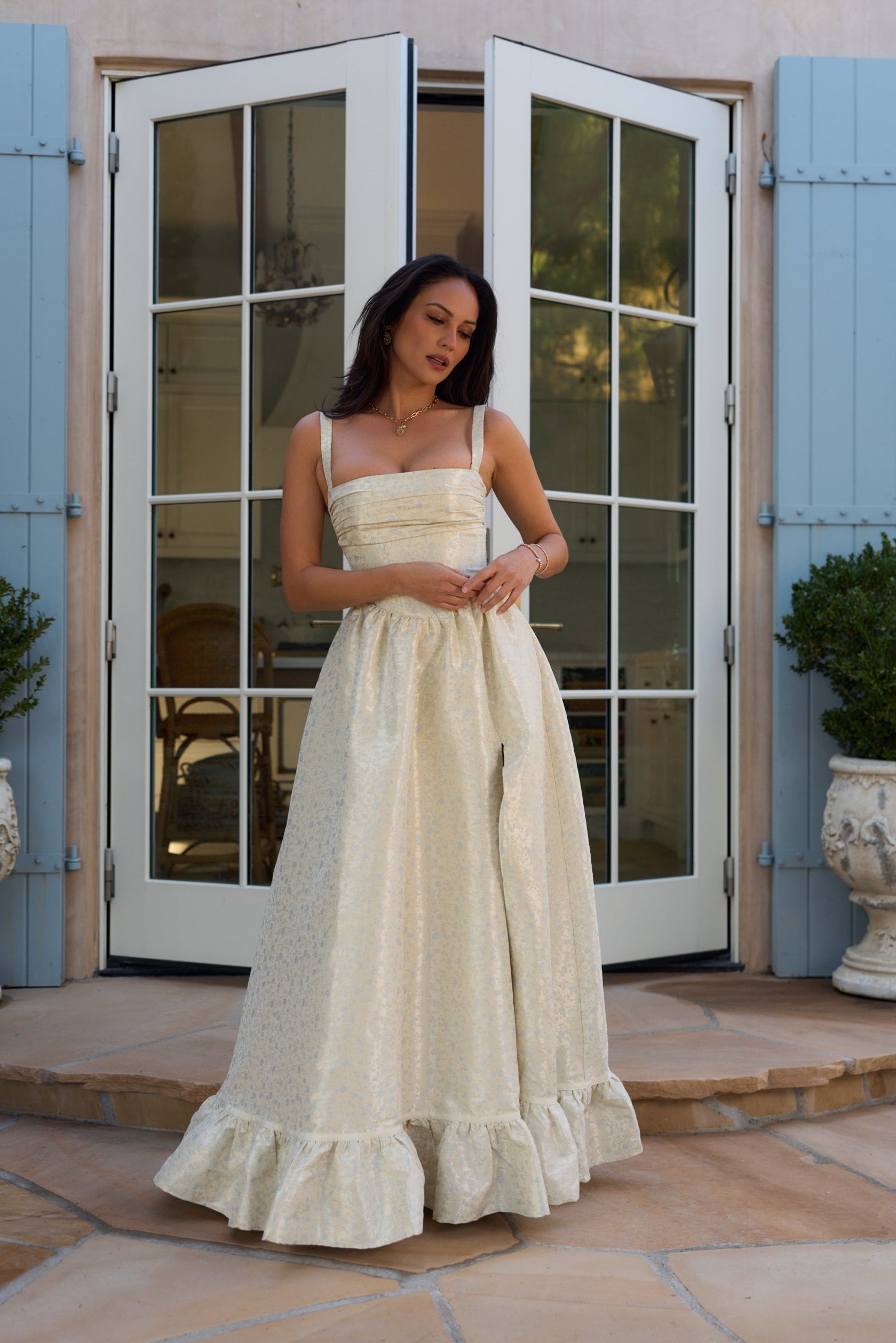The Ava Dress in Light Blue Duchess