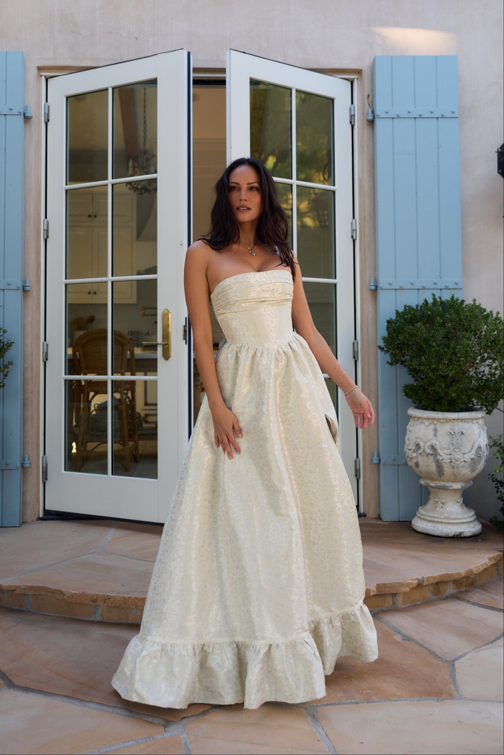 The Ava Dress in Light Blue Duchess