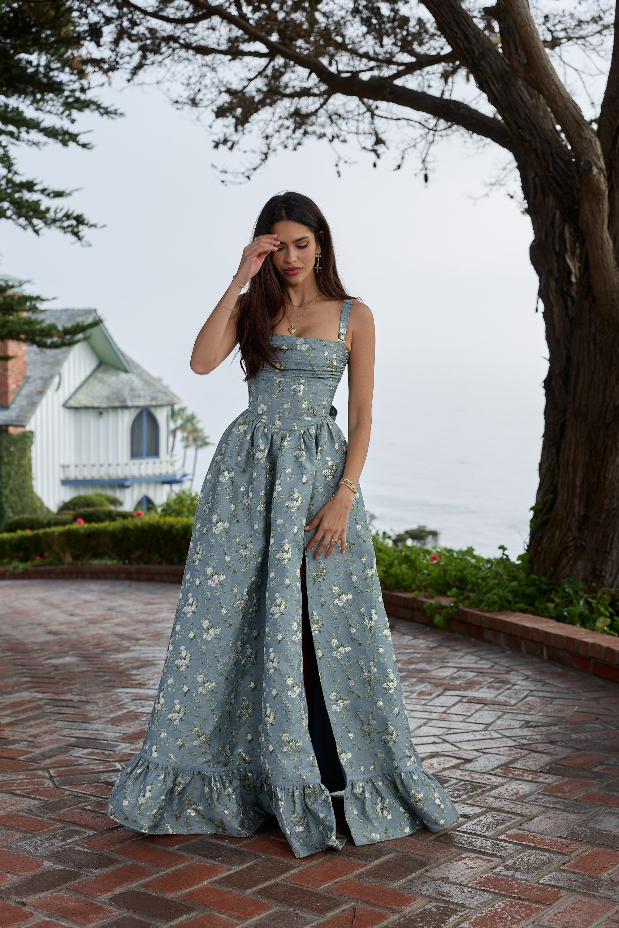 The Ava Dress in Slate Blue Cheverny Brocade