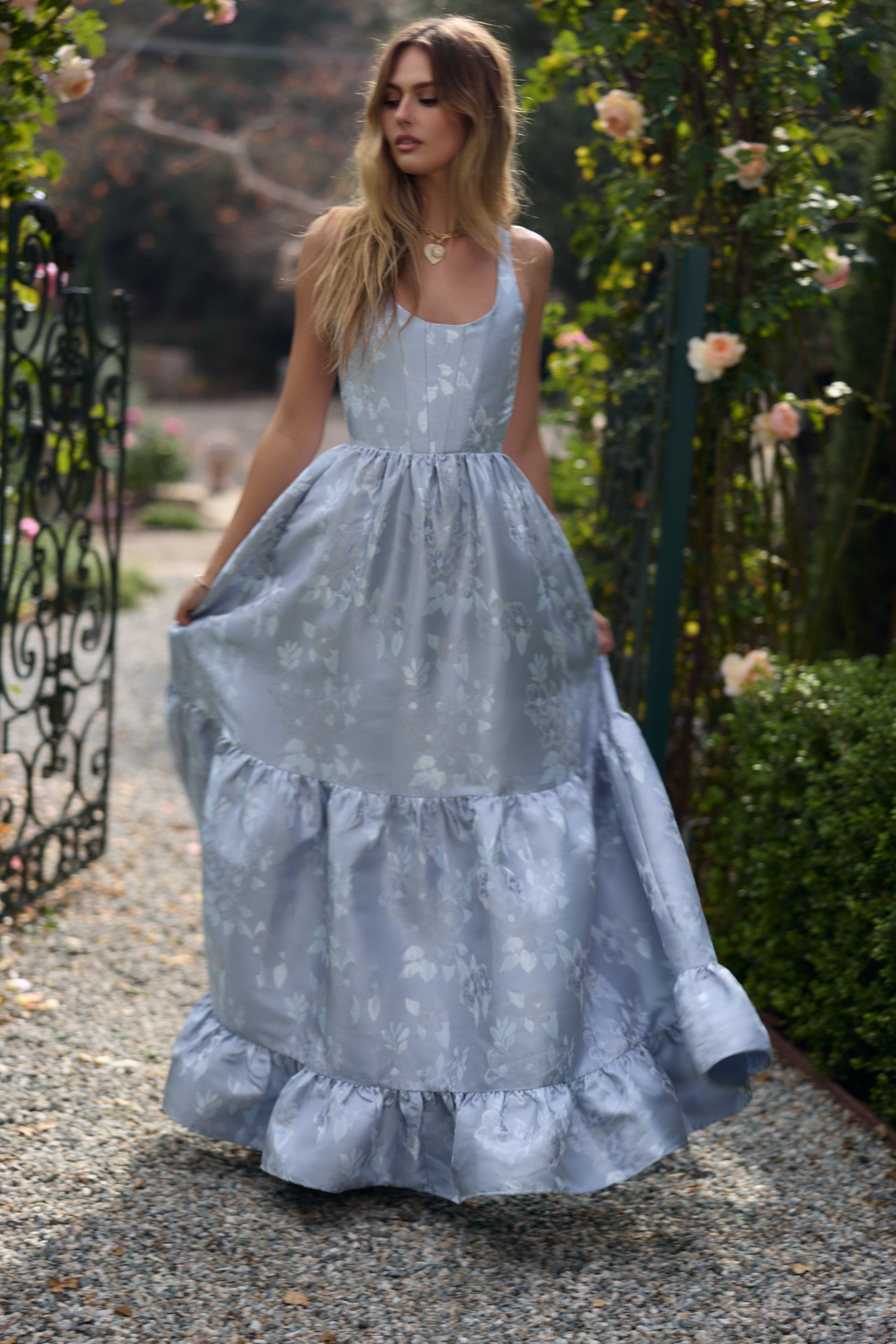 The Avery Dress in Icelandic Blue Baroque Floral