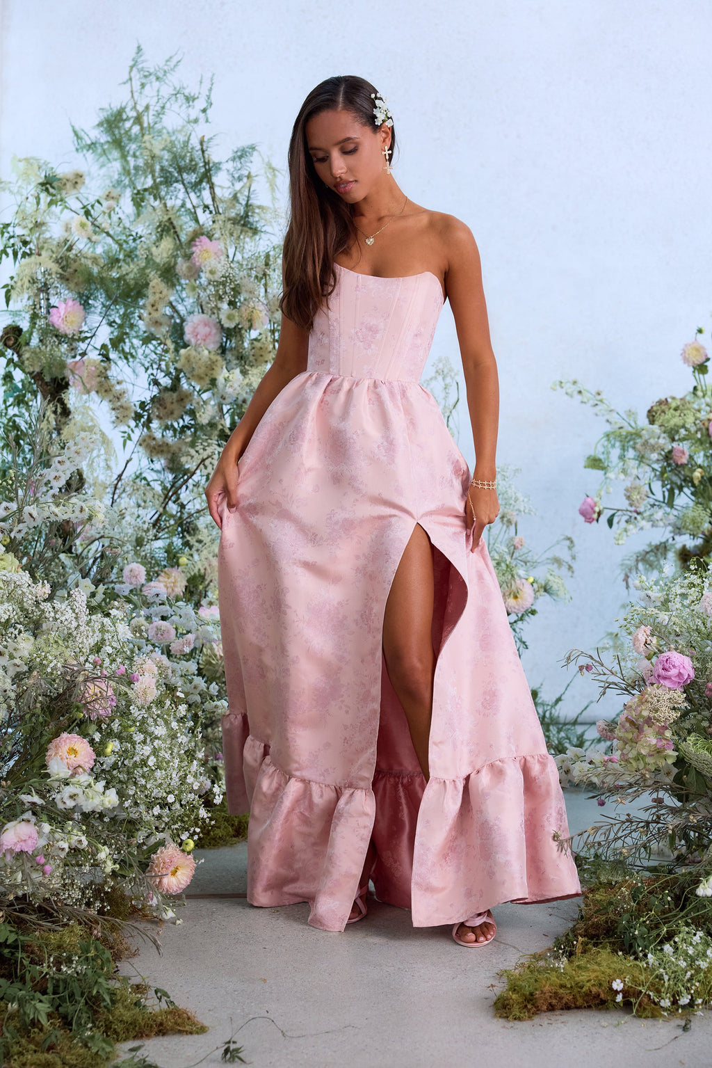 The Charlotte Dress in Light Pink Windsor Brocade