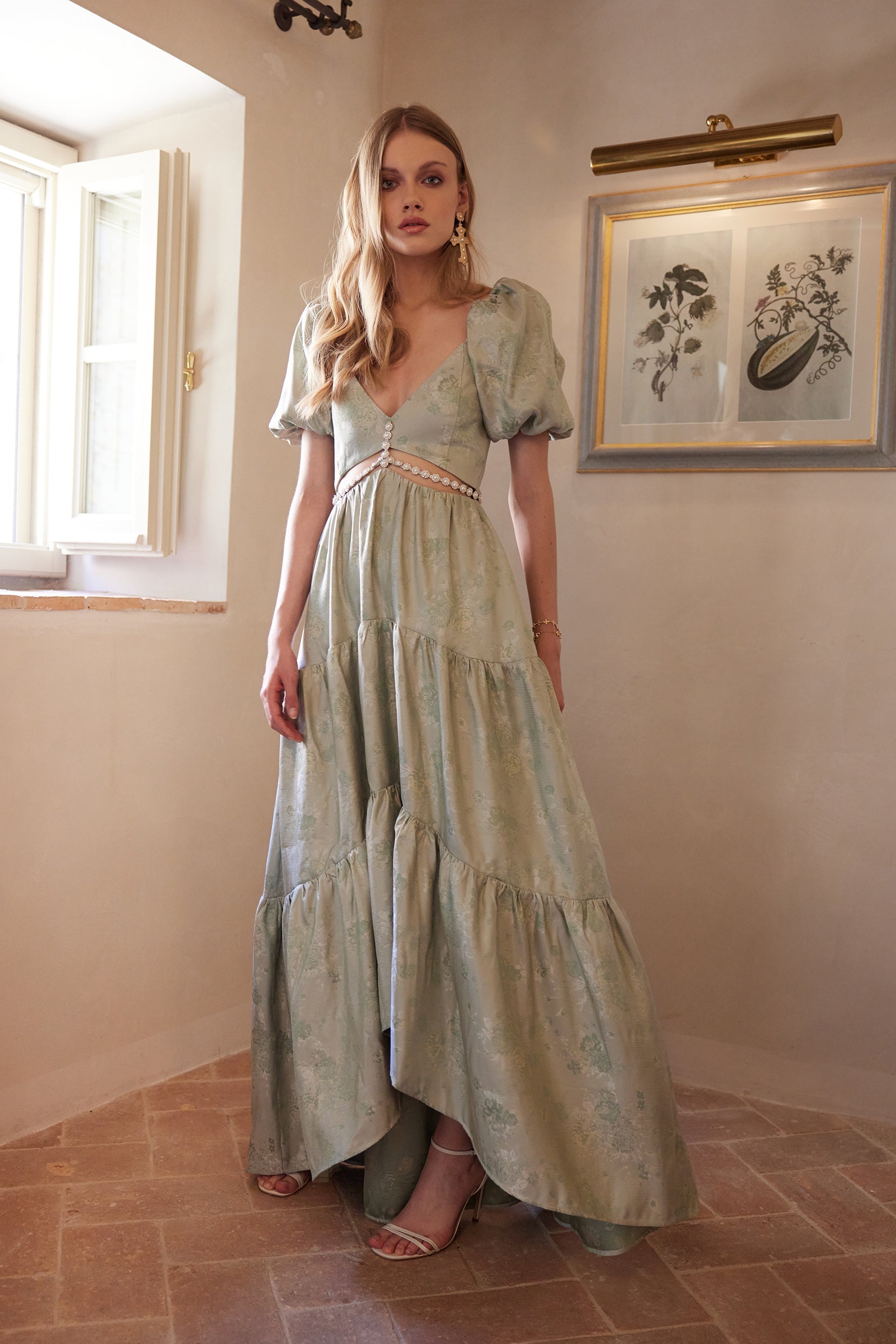 The Emma Dress in Sage Windsor Brocade