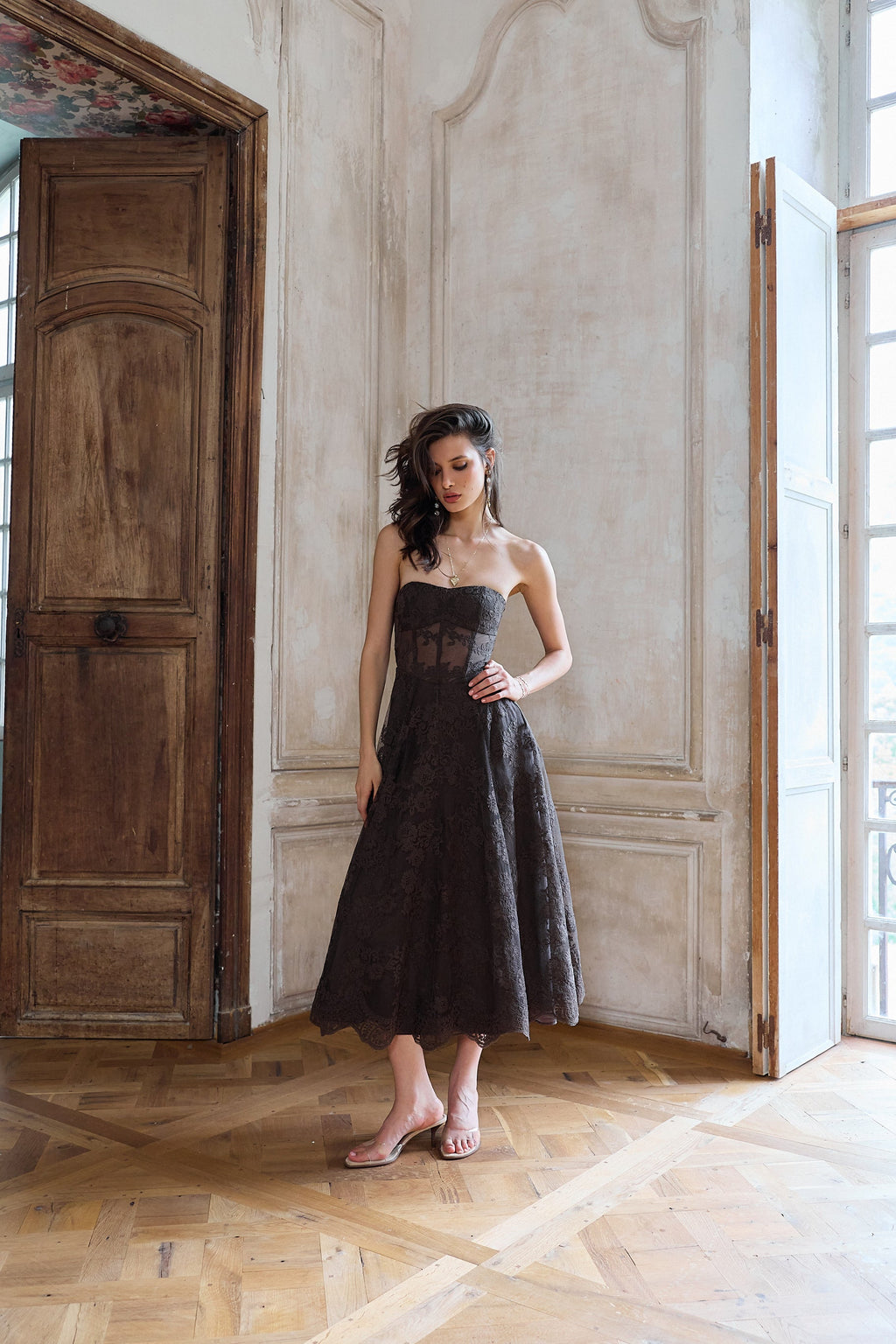 The Hazel Dress in Chocolate Chantilly Lace